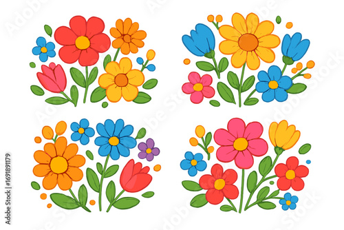 Colorful cartoon flower bouquet collection. Vector illustration of four floral arrangements for spring and summer. Bright, cheerful hand drawn botanical design elements set.