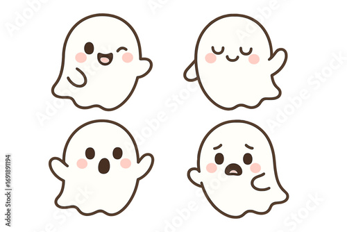 Cute halloween ghost characters set. Kawaii style vector cartoon illustration. Spooky friendly phantom with various expressions. Happy, sad, surprised emotion icon pack design.