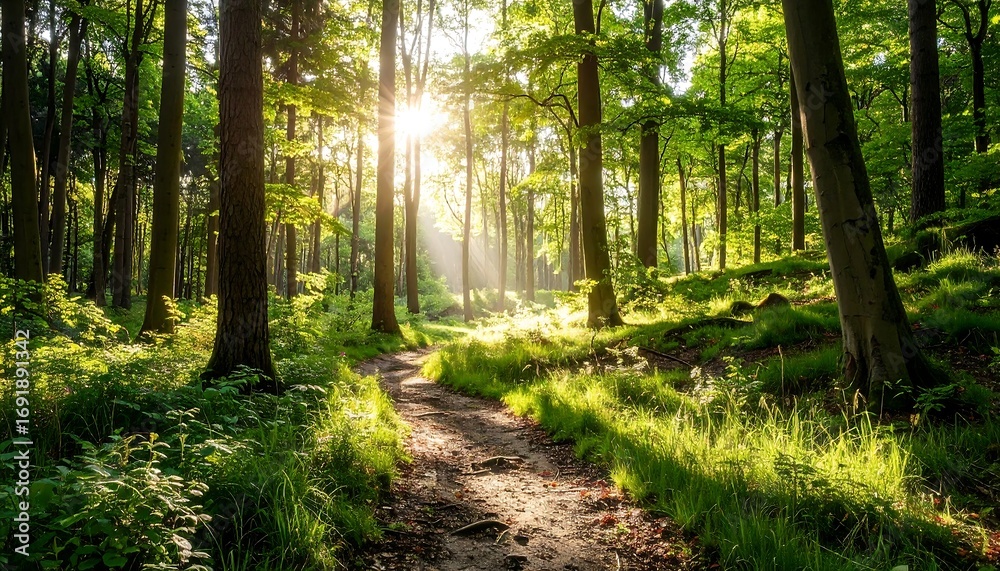 Obraz premium Sunlight streams through a lush forest path (3)