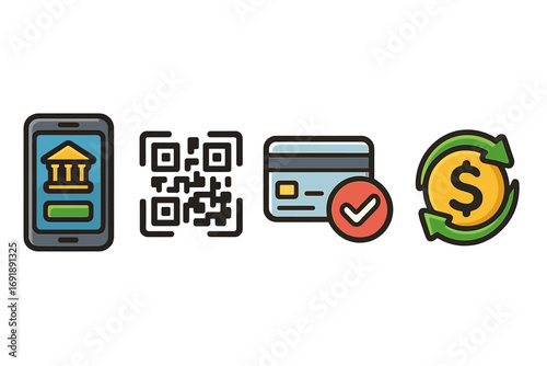 Digital banking icon set for mobile app. QR code scan, online payment, credit card transaction, currency exchange. Fintech concept for web and UI design. Vector cartoon icons.
