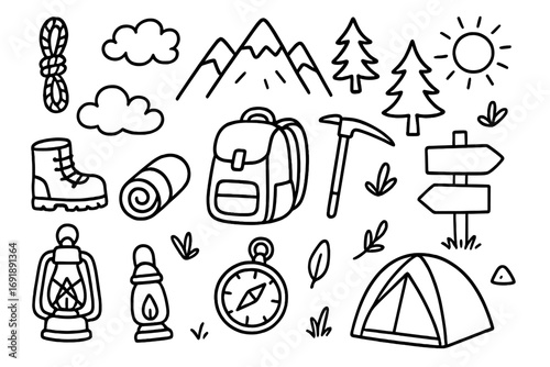 Doodle mountain adventure icon set. Hiking gear and nature elements. Black and white vector cartoon illustration for camping, trekking and outdoor exploration. Hand drawn sketch.