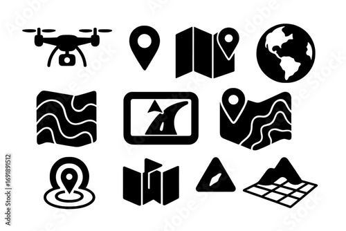 Drone and mapping icons set silhouette. GPS navigation and terrain symbols. Vector illustration for cartography, topography, and location. Quadcopter and route planning.