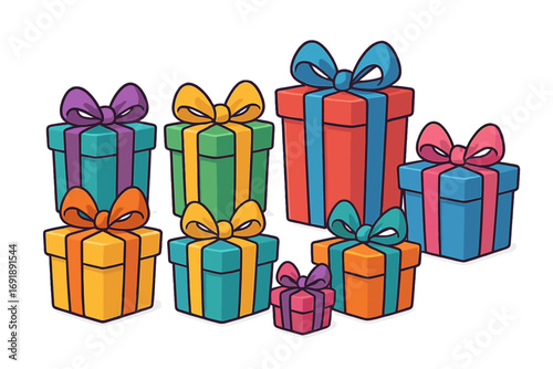 Colorful gift boxes vector icon set. Cartoon presents with ribbon bows for birthday, Christmas, holiday celebration. Surprise wrap packages for party, anniversary, or sale.