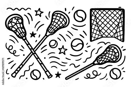 Lacrosse sport equipment doodle set. Hand drawn vector collection with crossed sticks, ball, and goal net. Black and white line art cartoon for team game illustration.