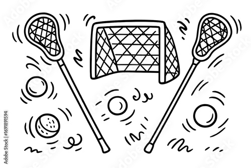 Dynamic lacrosse sport equipment set with sticks, net, and balls. Hand-drawn doodle style vector illustration. Game, match, championship concept. Black and white graphic.