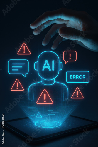 Artificial intelligence error warning hologram with hand above digital tablet