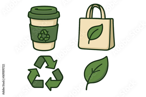 Eco-friendly icon set with reusable cup, tote bag, and recycling symbols. For sustainability and zero waste themes. Green living and ecology concepts. Vector cartoon icons.