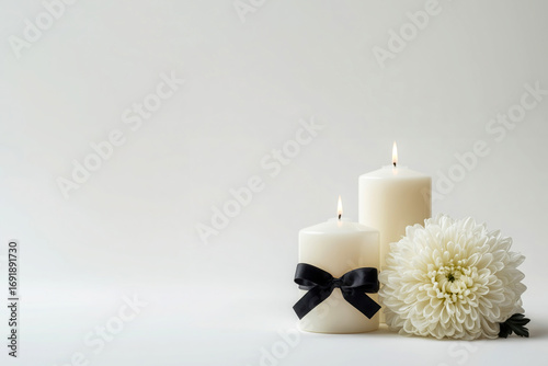 Memorial candles with white chrysanthemum and black ribbon