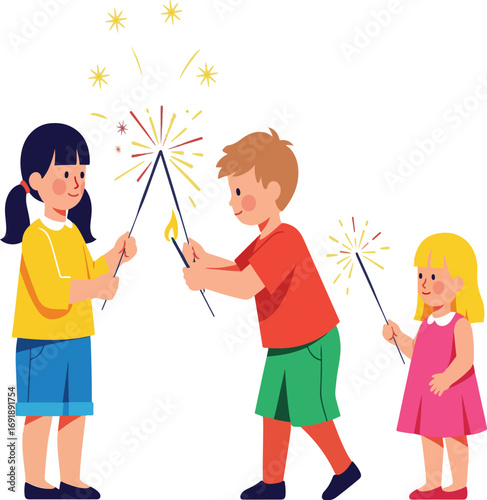 Three children holding sparklers with fireworks on white background kids