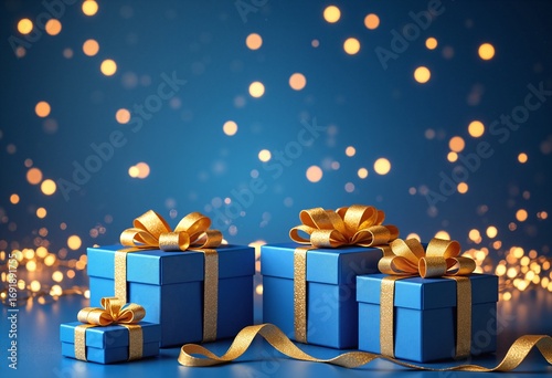 Blue gifts with golden bows and ribbons placed on blue background near stars