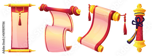 Ancient Chinese scroll set - red golden royal paper rolls with knots, tassels and traditional ornamental patterns. Isolated blank parchment sheets curled at edges, old manuscript banners or posters.