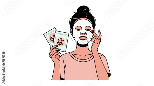 Young woman with a sheet mask on her face and holding another mask with a peace sign gesture for a skincare routine