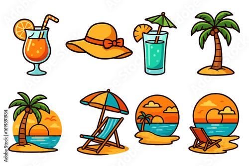 Summer beach vacation icon set. Tropical cartoon sticker pack with palm tree, sunset over ocean, sea, cocktail drink, sun hat, and deckchair. Vector holiday travel design.