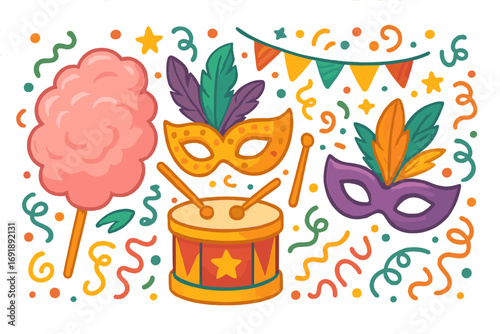 Carnival festival vector elements set with mask, drum, cotton candy. Colorful cartoon icons for party, celebration, fair, or holiday. Flat design illustration with confetti.