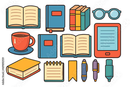Reading and education icon set. Vector cartoon illustration of books, e-reader, glasses, coffee cup, and stationery for study, library, or learning concepts. Knowledge symbols.