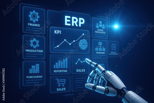 Enterprise resource planning interface with robot hand pointing sales graph and digital business