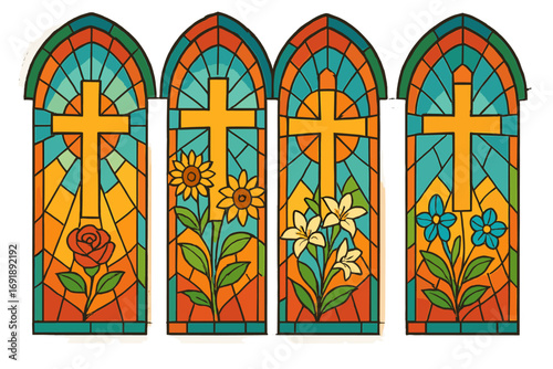 Stained glass church window set with Christian cross and flowers. Religious symbol with rose, sunflower, lily. Gothic cartoon vector illustration on transparent background.