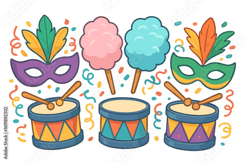 Carnival festival vector elements set. Colorful cartoon illustration with masks, drums, and cotton candy for party celebration or holiday design. Festive graphic objects.