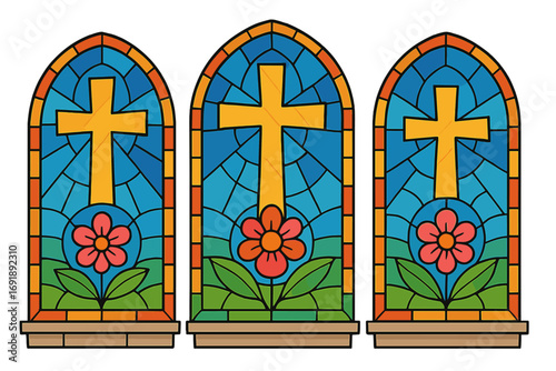 Stained glass window with cross and flower. Christian church cartoon vector illustration. Religious symbol of faith, hope, and resurrection. Easter concept decoration design element.