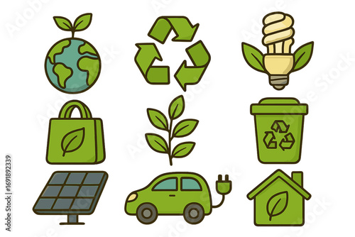 Eco friendly icons collection. Green living, sustainability, recycling symbols. Vector cartoon of electric car, solar panel, recycle bin, eco house. Environmental conservation.