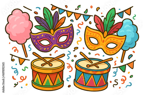 Colorful carnival elements set for festive party celebration. Vector illustration with masks, cotton candy, drums, confetti. Hand drawn doodle for festival, parade, event design.