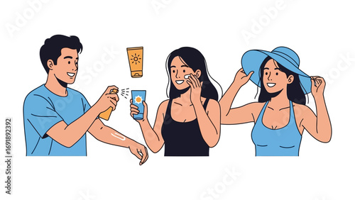Young diverse friends enjoying summer vacation applying sunscreen and taking selfies on a sunny beach day for skin protection
