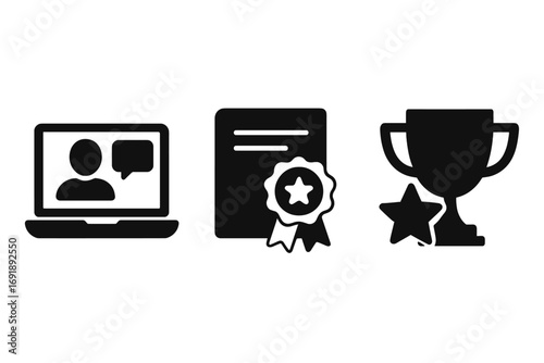 Online education icon set. E-learning, webinar, and video conference symbols. Vector icons for certification, diploma, and achievement. Trophy for success and winning.