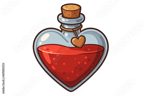 Love potion in a heart shaped bottle. Vector icon for Valentine's Day. Magic elixir for romance. Cute cartoon illustration for a game asset, sticker or fantasy design.