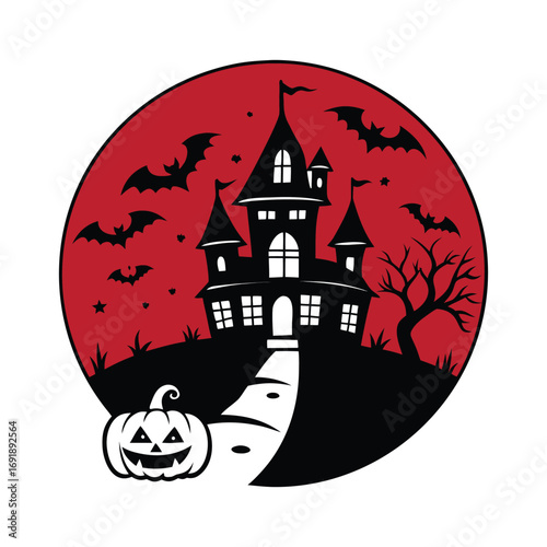 Eerie Halloween Night Silhouette of Haunted House with Bats and Pumpkin Carving in Front Against the Backdrop of a Deep Red Full Moon Casting Creepy Shadows and Spooky Vibes All Around