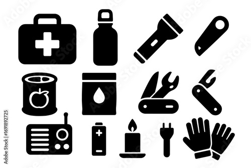Emergency kit essentials icon set. Survival gear and disaster preparedness equipment silhouettes. Vector illustration of first aid, food, water, and tools for survival.