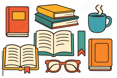 Reading and coffee icon set. Vector cartoon book collection with glasses, bookmark, and hot drink for education, library, or bookstore concept. Hobby and study materials.