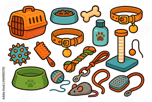 Pet shop accessories set. Colorful cartoon vector illustration collection for dog and cat care. Includes food bowl, toy, collar, leash, carrier, and grooming items isolated.