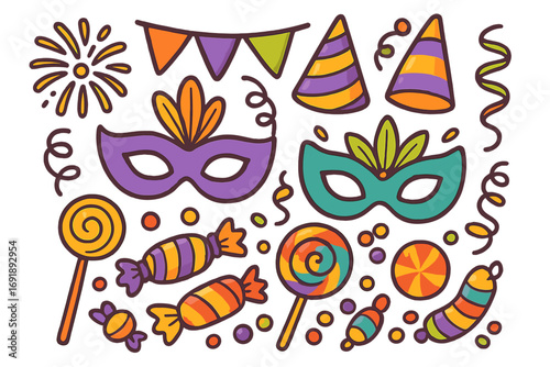 Mardi Gras festive items collection. Cartoon vector illustration set with carnival mask, candy, lollipop, party hat. Doodle design elements for holiday celebration poster.