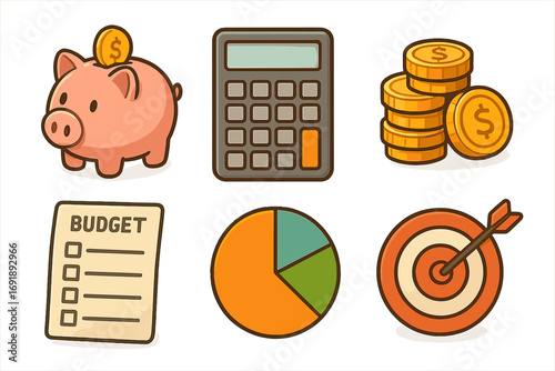Finance and budget icon set for money management. Vector cartoon collection with piggy bank for savings, calculator, coins, budget list, pie chart for data, and target for goals.