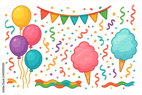 Festive party celebration elements set. Colorful decorative cartoon vector illustration with balloons, confetti, streamers, and cotton candy. Fun carnival or birthday design pack.