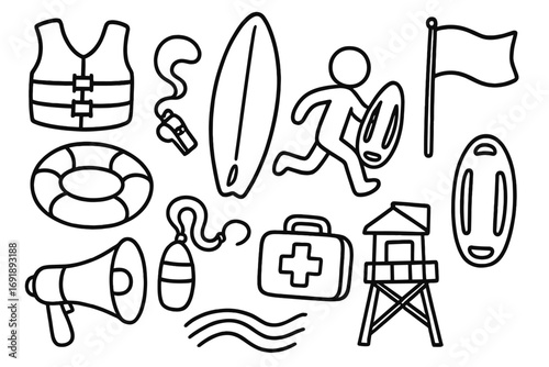 Lifeguard doodle icon set. Lifesaving and rescue elements. Beach safety symbols. Vector cartoon illustration with life vest, surfboard, first aid kit, tower, and buoy.