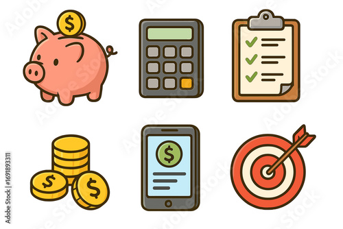 Financial icon set for business and finance. Vector cartoon illustration of piggy bank, calculator, budget, coins, mobile banking and financial target. Money saving concept.