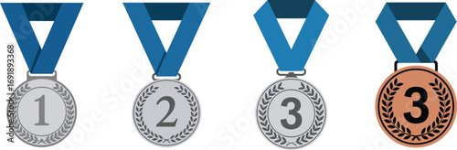 Set of four sports medals for first second third and fourth place on blue ribbons