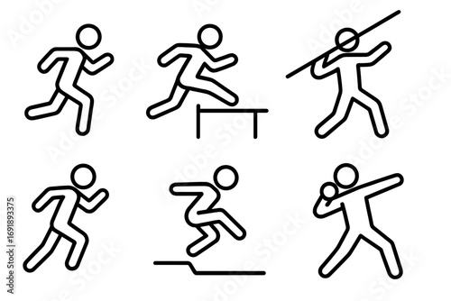 Athletics track and field icon set. Linear pictograms of sports disciplines: running, hurdles, javelin throw, long jump, shot put. Minimalist vector sport symbols.