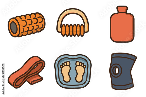 Physiotherapy and fitness recovery icon collection. Vector set with foam roller, massager, hot water bottle, resistance band, foot spa, and knee brace for rehabilitation.