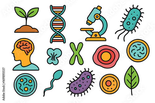 Biology icon set. Genetics, microbiology, science symbols. DNA, chromosome, brain, cell, bacteria, microscope. Education, research vector cartoon illustration collection.