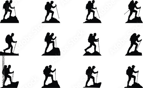 Collection of silhouette hikers with backpacks and trekking poles on rocky terrain