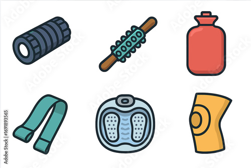 Physical therapy and fitness recovery equipment icons. Vector cartoon graphic set with foam roller, massager, resistance band, foot spa, knee support for rehabilitation.