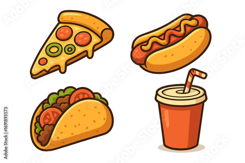 Fast food icon set vector illustration. Colorful cartoon collection of pizza slice, hot dog, taco, and soda drink. Junk food meal concept for menu, sticker, or takeout design.