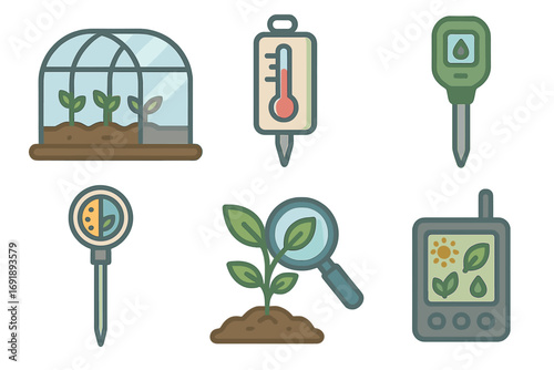 Gardening tools icon set for plant growth monitoring. Greenhouse environment control. Smart agriculture technology for measuring soil moisture, temperature, and light. Vector.