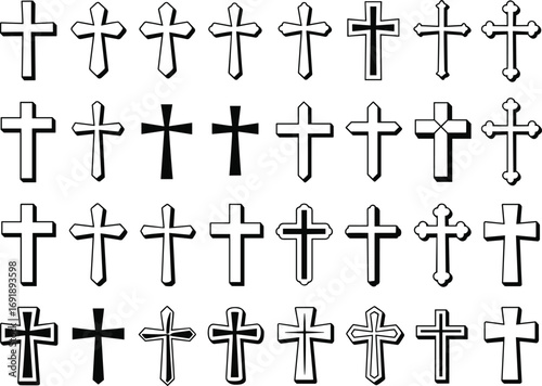 Collection of hand drawn christian cross symbols in various styles and sizes