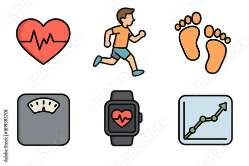 Fitness icon set for health tracking. Vector cartoon symbols of running, heartbeat, steps, weight scale, smartwatch, and progress chart. For gym, wellness and exercise apps.