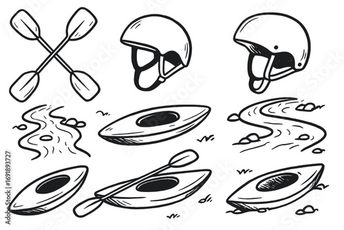 Hand-drawn canoe and kayak equipment set. Black and white doodle style vector of paddles, helmets, boats, and rivers for outdoor adventure and water sports concept.