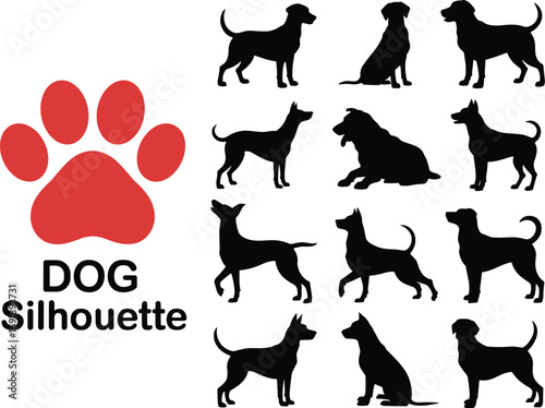 Collection of diverse dog silhouettes and a red paw print with text