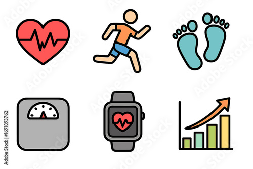 Fitness icon set with heartbeat, running man, steps, weight scale, smartwatch, progress chart. Vector illustration for health, exercise, cardio, workout, activity tracking.